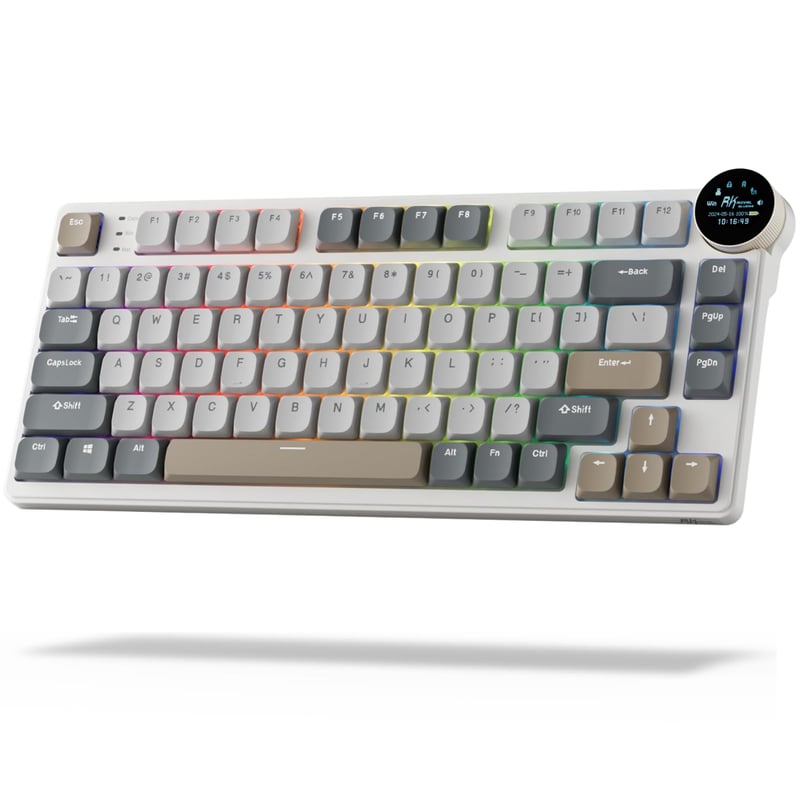 Nízkoprofilová mechanická klávesnica RK ROYAL KLUDGE N80 s inteligentným displejom | 75 % bezdrôtová mechanická klávesnica s horným uchytením (top mount), tromi režimami pripojenia, otočným ovládačom, podporou softvéru, batériou s vysokou kapacitou, vymeniteľnými spínačmi a retro sivou farbou