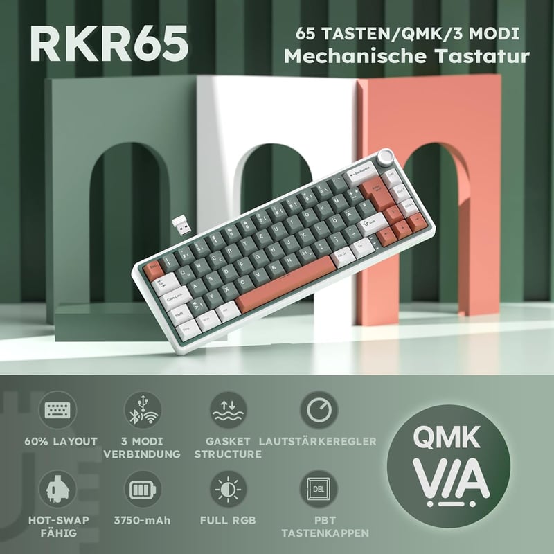 RK ROYAL KLUDGE R65 Gamer Billentyűzet 60% Elrendezés, Vezeték Nélküli Bluetooth/2.4G/USB-C, RGB Háttérvilágítás, Hot-Swap Creamy Kapcsolók,