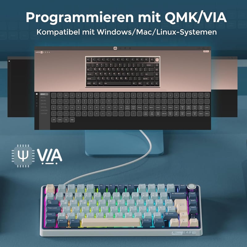 RK ROYAL KLUDGE R75 Mechanikus Billentyűzet - 75% TKL Vezeték Nélküli Gamer Billentyűzet, RGB, Bluetooth/2.4G/USB-C, Hot-Swap Linear Creamy 