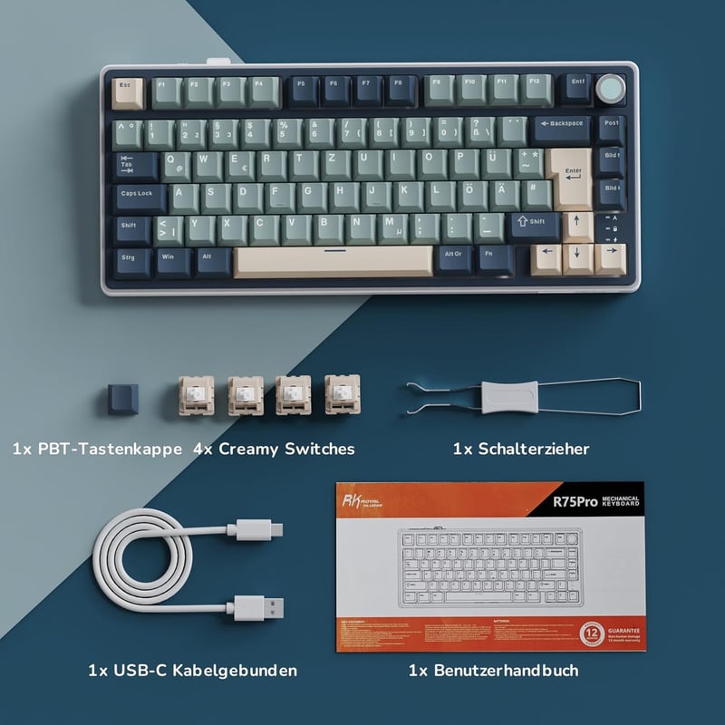 RK ROYAL KLUDGE R75 Mechanikus Billentyűzet - 75% TKL Vezeték Nélküli Gamer Billentyűzet, RGB, Bluetooth/2.4G/USB-C, Hot-Swap Linear Creamy 