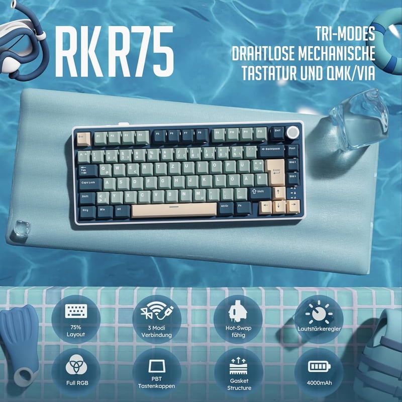 RK ROYAL KLUDGE R75 Mechanikus Billentyűzet - 75% TKL Vezeték Nélküli Gamer Billentyűzet, RGB, Bluetooth/2.4G/USB-C, Hot-Swap Linear Creamy 