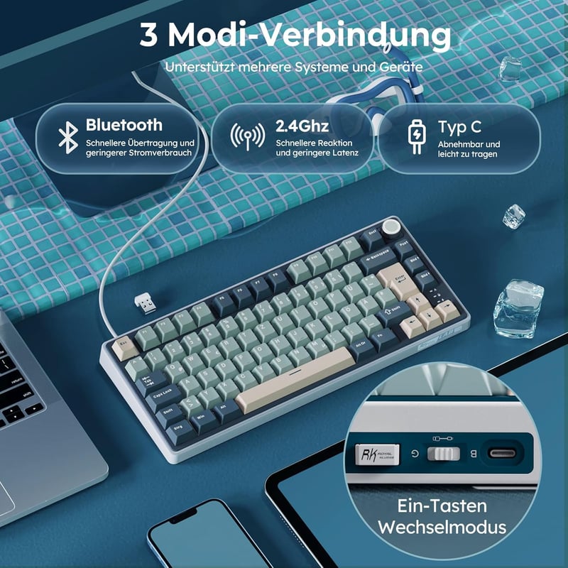 RK ROYAL KLUDGE R75 Mechanikus Billentyűzet - 75% TKL Vezeték Nélküli Gamer Billentyűzet, RGB, Bluetooth/2.4G/USB-C, Hot-Swap Linear Creamy 