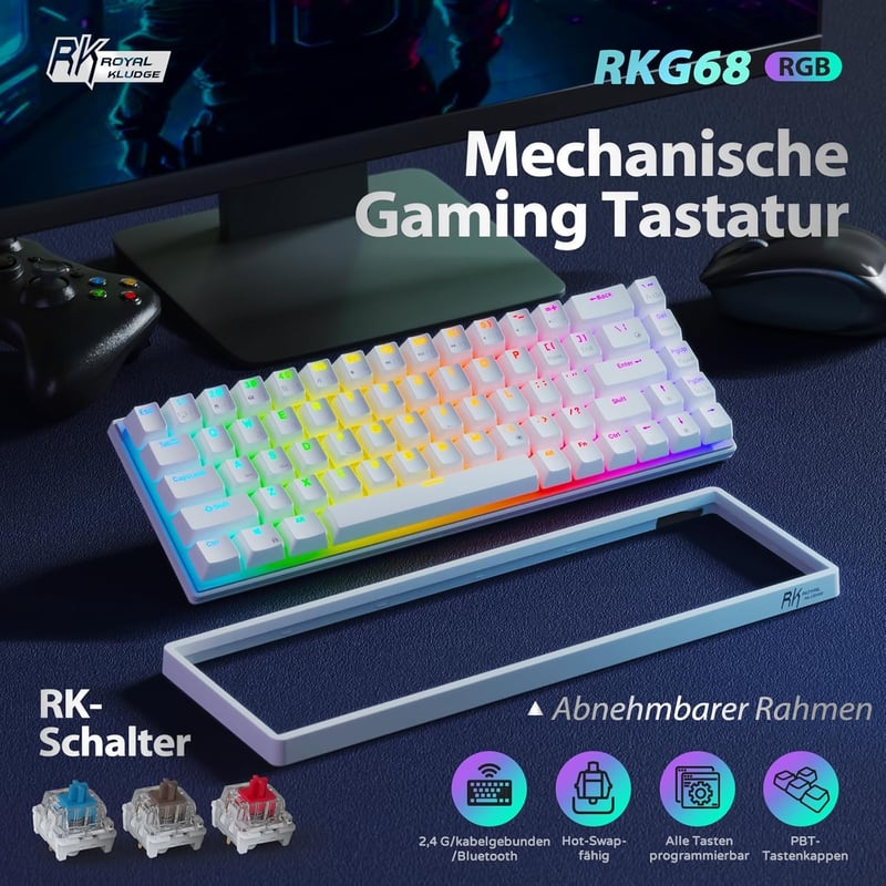 RK ROYAL KLUDGE RK G68 Wireless Mechanikus Billentyűzet 65% RGB Gaming Kék Switch