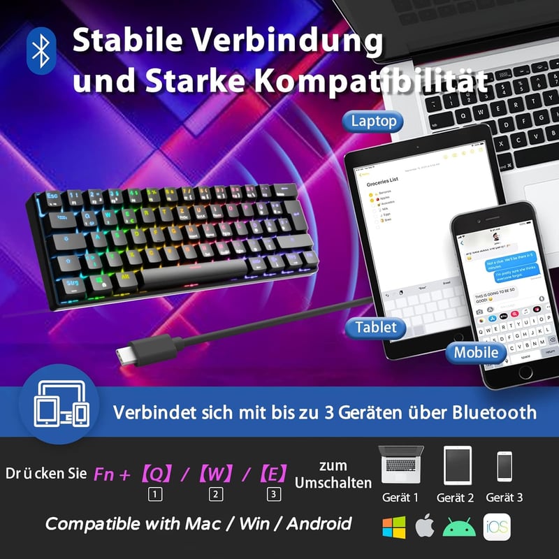 RK ROYAL KLUDGE RK61 RGB 60% Mechanikus Gamer Billentyűzet, Vezeték Nélküli/Vezetékes Bluetooth, Hot-Swap Lineáris Red Switch, Többeszközös 