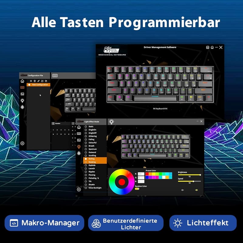 RK ROYAL KLUDGE RK61 RGB 60% Mechanikus Gamer Billentyűzet, Vezeték Nélküli/Vezetékes Bluetooth, Hot-Swap Lineáris Red Switch, Többeszközös 