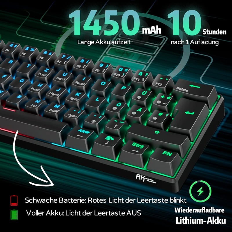 RK ROYAL KLUDGE RK61 RGB 60% Mechanikus Gamer Billentyűzet, Vezeték Nélküli/Vezetékes Bluetooth, Hot-Swap Taktilis Brown Kapcsoló, Többeszkö
