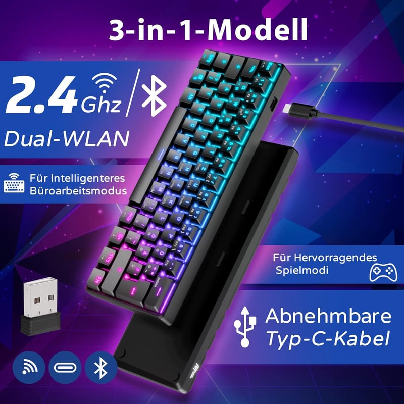 RK ROYAL KLUDGE RK61 RGB 60% Mechanikus Gamer Billentyűzet, Vezeték Nélküli/Vezetékes Bluetooth, Hot-Swap Lineáris Red Switch, Többeszközös 