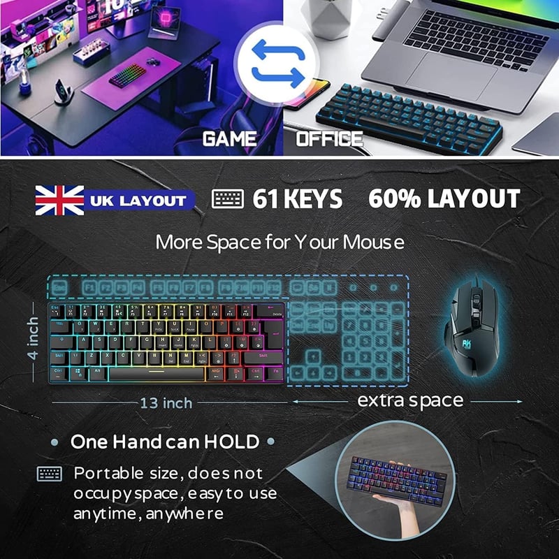 RK ROYAL KLUDGE RK61 RGB 60% Mechanikus Gaming Billentyűzet Wireless Bluetooth Kék Switch