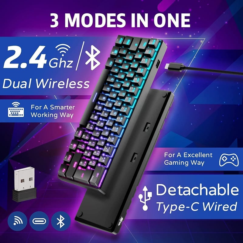 RK ROYAL KLUDGE RK61 RGB 60% Mechanikus Gaming Billentyűzet Wireless Bluetooth Kék Switch