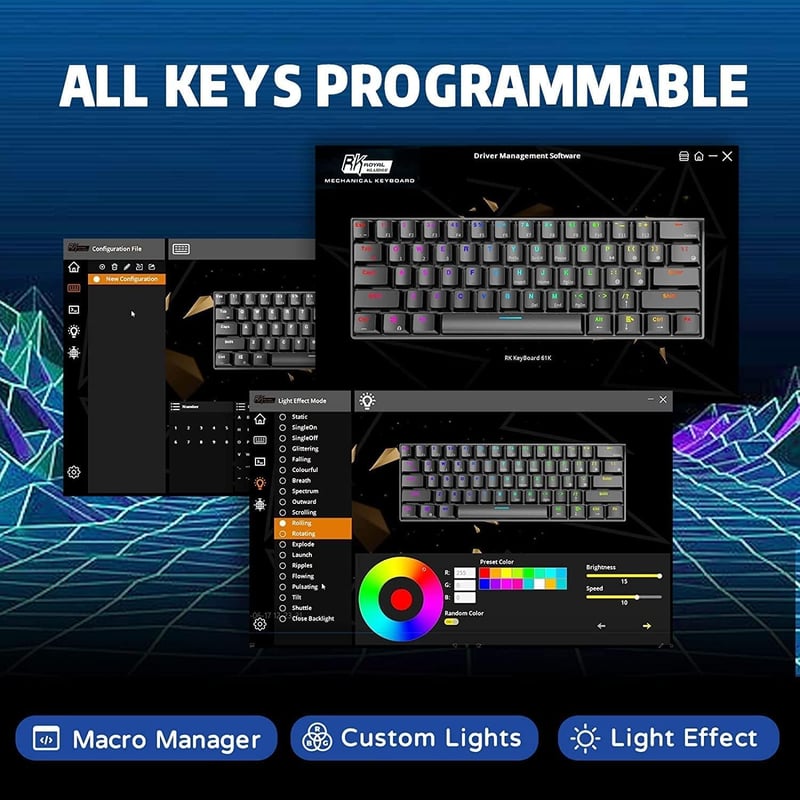 RK ROYAL KLUDGE RK61 RGB 60% Mechanikus Gaming Billentyűzet Wireless Bluetooth Kék Switch