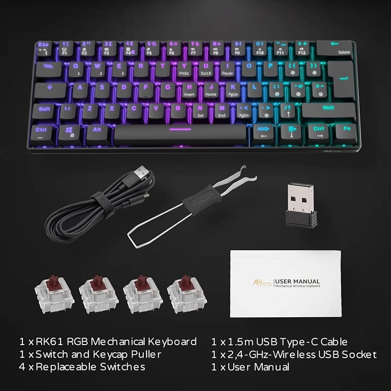 RK ROYAL KLUDGE RK61 Vezeték Nélküli Mechanikus Billentyűzet - Hot Swap, RGB Háttérvilágítás, 3 Módú Csatlakozás, 60% Kompakt, Win/Mac/Andro