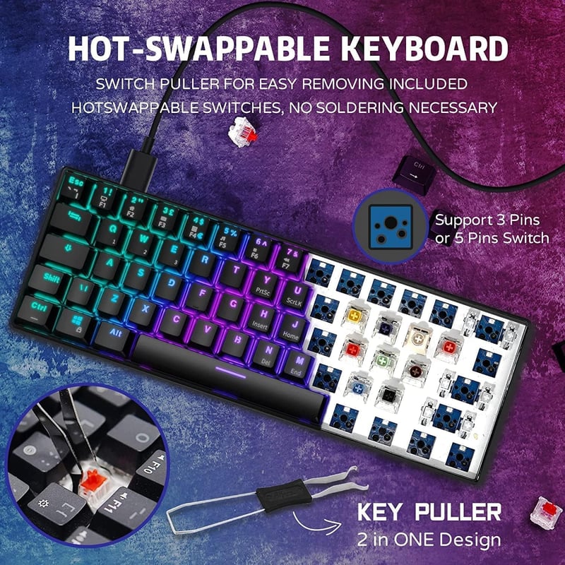 RK ROYAL KLUDGE RK61 Vezeték Nélküli Mechanikus Billentyűzet - Hot Swap, RGB Háttérvilágítás, 3 Módú Csatlakozás, 60% Kompakt, Win/Mac/Andro