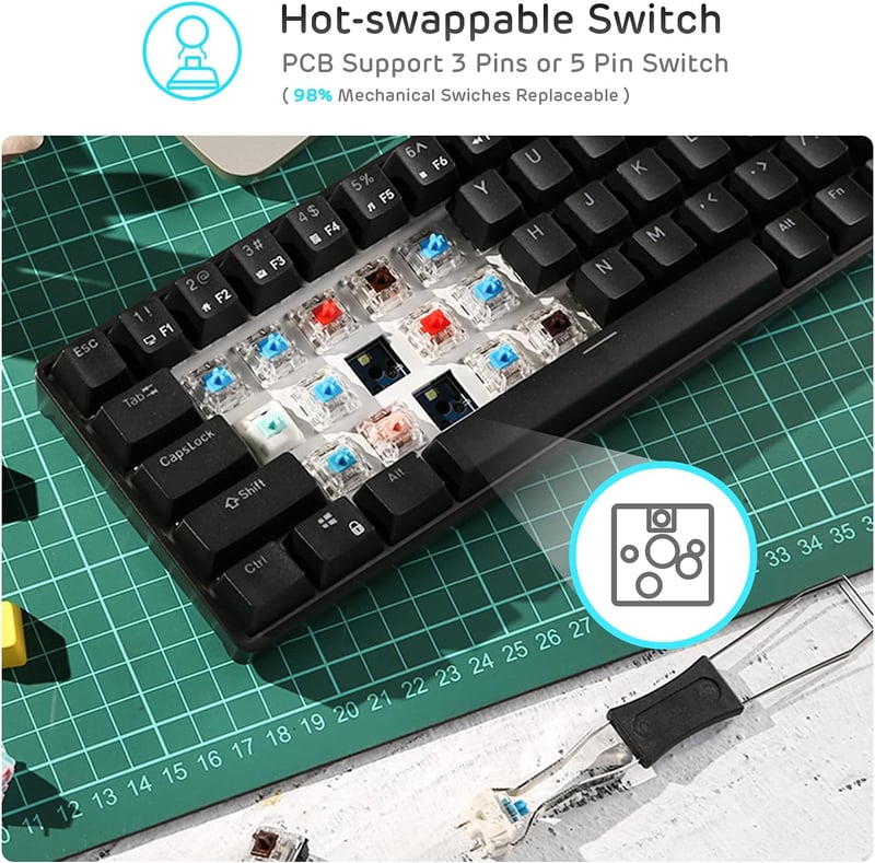 RK ROYAL KLUDGE RK68 Wireless Mechanikus Billentyűzet 65% Kompakt Bluetooth Gaming Csere Kapcsoló Fekete
