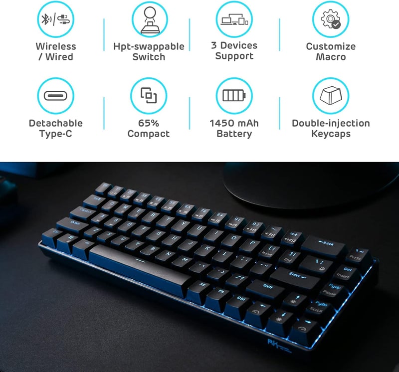 RK ROYAL KLUDGE RK68 Wireless Mechanikus Billentyűzet 65% Kompakt Bluetooth Gaming Csere Kapcsoló Fekete