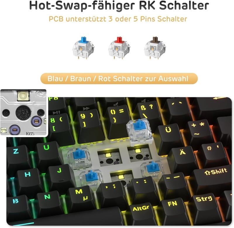 RK ROYAL KLUDGE RK84-DE 75% Mechanikus Gaming Billentyűzet, Brown Switch, RGB Háttérvilágítás