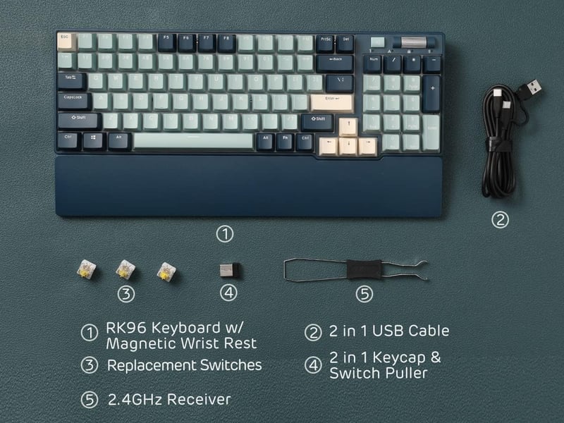 RK ROYAL KLUDGE RK96 RGB mechanikus billentyűzet, 96 gomb, Bluetooth 5.0, erdei kék