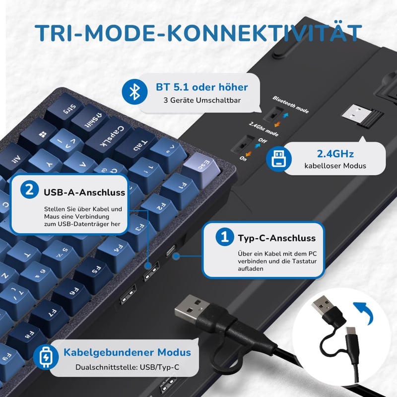Tastatură Mecanică de Gaming RK ROYAL KLUDGE RK98 - Iluminare de Fundal RGB Wireless, Switch-uri Brown Hot-Swap, 3 Moduri de Conectare, 100 Taste