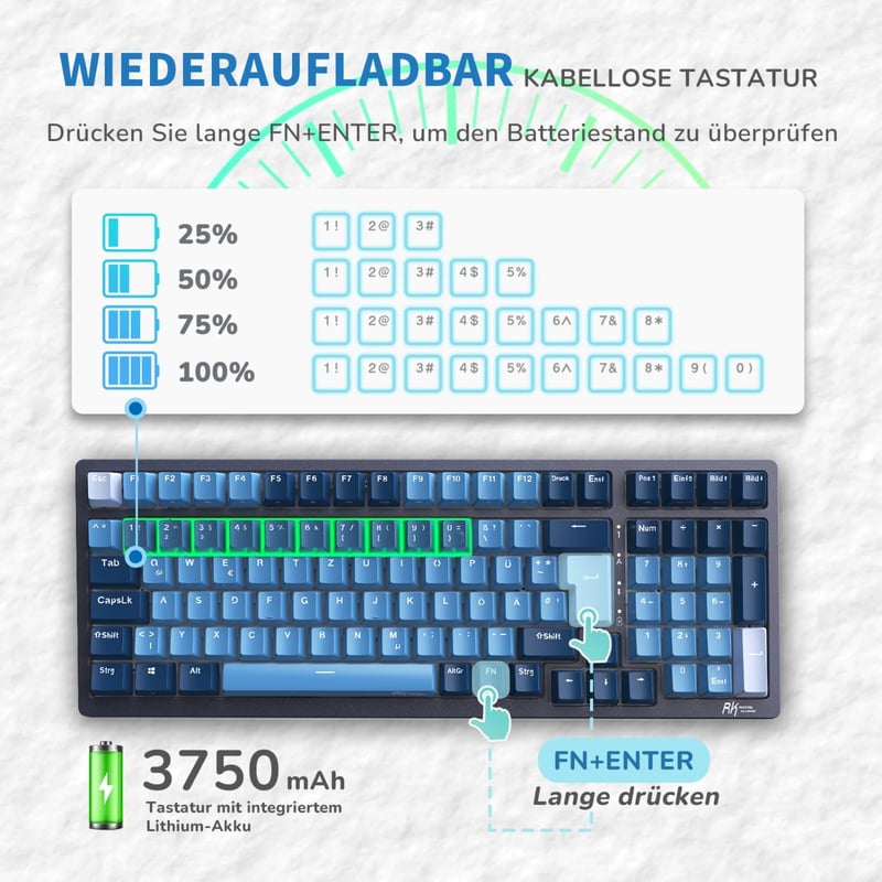 Tastatură Mecanică de Gaming RK ROYAL KLUDGE RK98 - Iluminare de Fundal RGB Wireless, Switch-uri Brown Hot-Swap, 3 Moduri de Conectare, 100 Taste