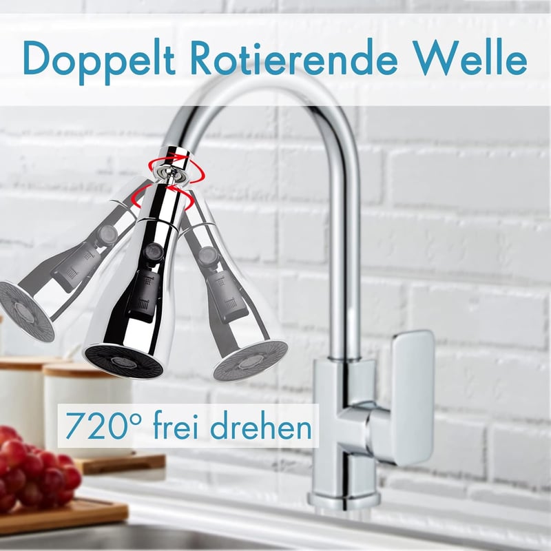 RLCWerk FM22/M24 Csapszűrő - 720° Forgatható Vízsugár Szabályozó, Réz Konyhai Csaptelep Toldalék, Víztakarékos, 3 Üzemmódú, Ezüst