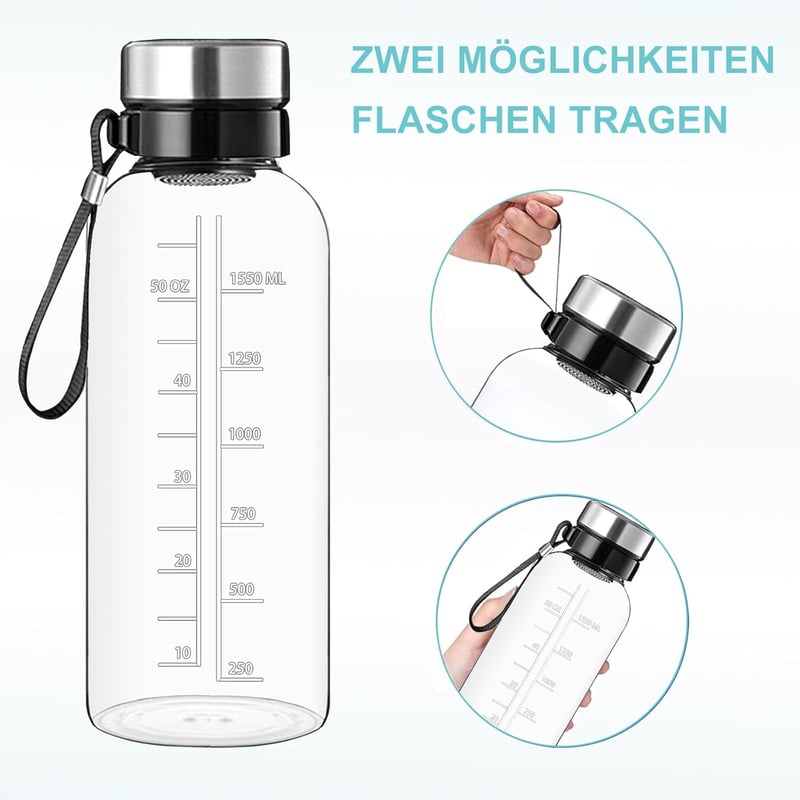 RNCKUUE 2 Literes Üveg Kulacs Szűrővel - BPA-mentes Boroszilikát Üveg Vízpalack Neoprén Tokkal és Palackmosó Kefével - Időjelzéses Motiváció