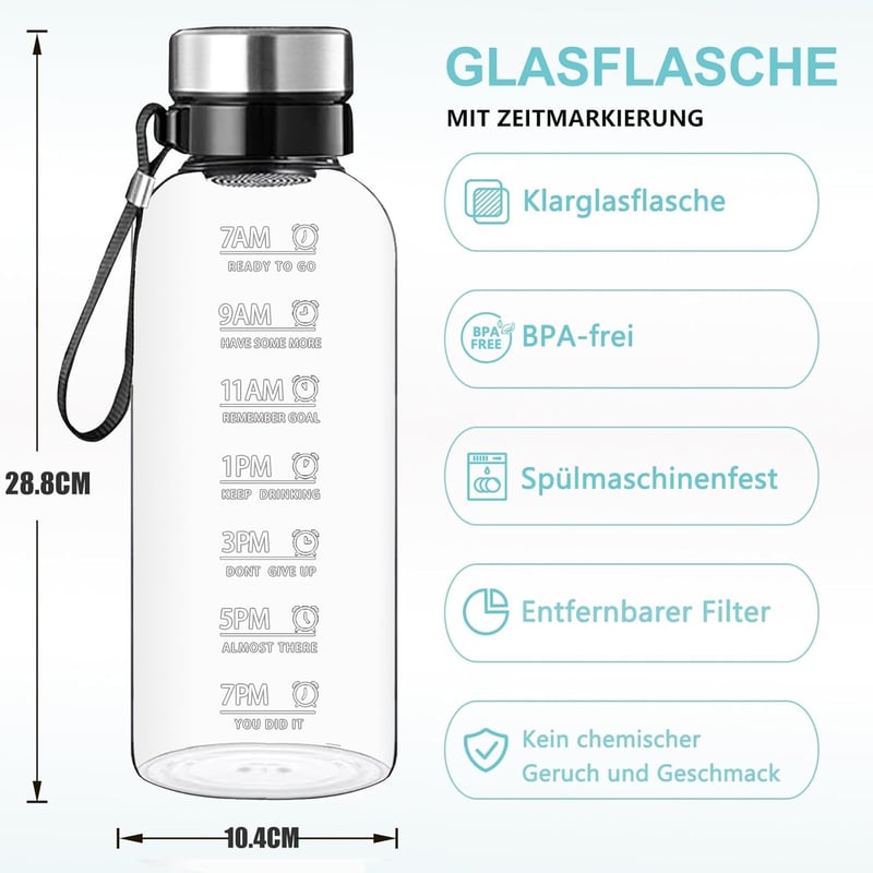RNCKUUE 2 Literes Üveg Kulacs Szűrővel - BPA-mentes Boroszilikát Üveg Vízpalack Neoprén Tokkal és Palackmosó Kefével - Időjelzéses Motiváció
