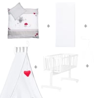 Leagăn pentru bebeluși roba Adam și Bufniță 40x90 cm - Cu roți și funcție de fixare, set textil complet, lemn alb 4