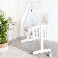 Leagăn pentru bebeluși roba Adam și Bufniță 40x90 cm - Cu roți și funcție de fixare, set textil complet, lemn alb 2