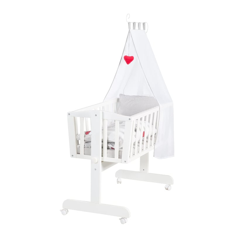 Leagăn pentru bebeluși roba Adam și Bufniță 40x90 cm - Cu roți și funcție de fixare, set textil complet, lemn alb