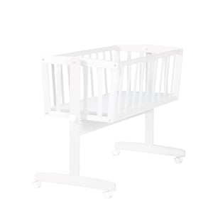 Pătuț roba cu saltea 40x90 cm, lemn alb, funcție de balansoar, șurub de blocare și frâne — vopsea exfoliată pe picior (stare: vezi a 2-a imagine)