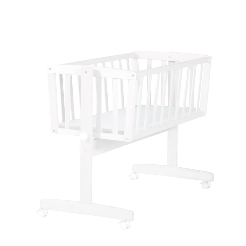 Leagăn Roba cu Saltea 40x90 cm - Funcție de Balansare cu Șurub de Blocare și Roți cu Frână - Set pentru Bebeluși, Fete și Băieți - Lemn Alb