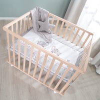 roba Jumbotwins Járóka 75x100 cm Betéttel – Görgős Mobil Kúszóketrec, Magasságállítható Fa Játszóketrec, Natúr 3