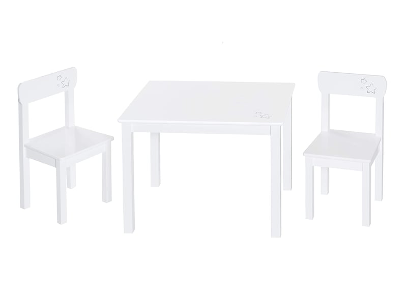 Set de Mobilier pentru Copii roba Little Stars – 2 Scaune și 1 Masă, Set din Lemn Lăcuit Alb cu Model de Steluțe
