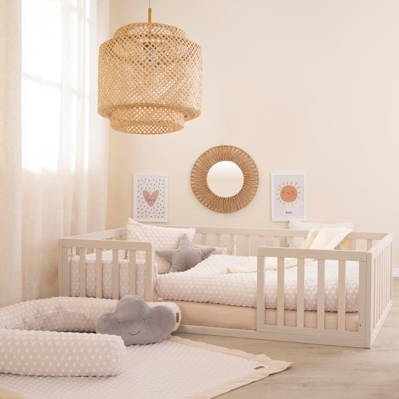 Detská Montessori posteľ roba 70x140 cm – Podlahová posteľ s roštom a ochranou proti vypadnutiu – Stone Washed – Montessori spanie pre batoľatá