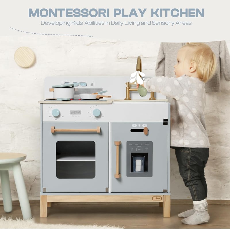 ROBUD Montessori Fa Játékkonyha Gyerekeknek 3-6 Év Lányoknak Fiúknak Kiegészítőkkel
