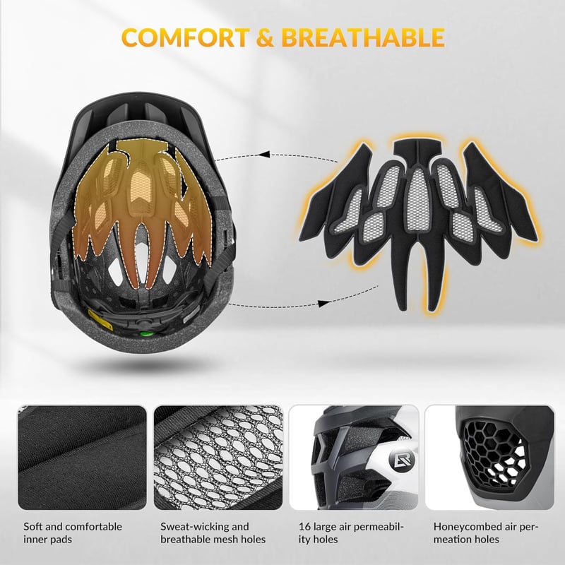 ROCKBROS Gyerek Kerékpáros Sisak Leválasztható Állvédővel, BMX MTB Downhill Helmet 48-58cm - M, Titanium (removable brim)