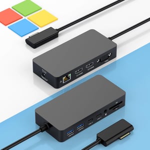 Rocketek 12-u-1 Surface priključna stanica za 3 monitora, dvostruki HDMI, VGA s napajanjem, kompatibilna s Pro 11 X 10 9 8 7 6 5 4 3 Laptop 7 6 5 4 3 2 1 Book Go