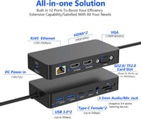Rocketek 12 az 1-ben Surface dokkoló 3 monitor Dupla HDMI VGA táppal kompatibilis Pro 11 X 10 9 8 7 6 5 4 3 Laptop 7 6 5 4 3 2 1 Book Go 3