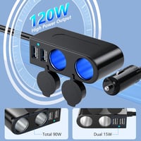 Rocketek 120W Szivargyújtó Elosztó 2 Aljzattal és 2 USB Porttal - Autós Töltő Adapter 12V/24V Okostelefonhoz, GPS-hez, Kamerához 4