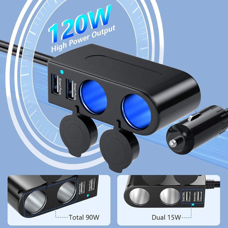 Rocketek 120W Szivargyújtó Elosztó 2 Aljzattal és 2 USB Porttal - Autós Töltő Adapter 12V/24V Okostelefonhoz, GPS-hez, Kamerához