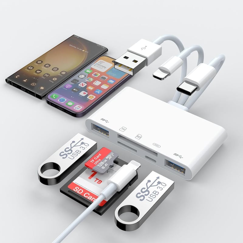 Rocketek 5-in-1 SD/TF Kártyaolvasó iPhone/iPad/Android/Mac/PC Eszközökhöz - USB-C/USB-A OTG Adapter, Egyidejű Töltés, MMC/SDHC/SDXC Támogatá