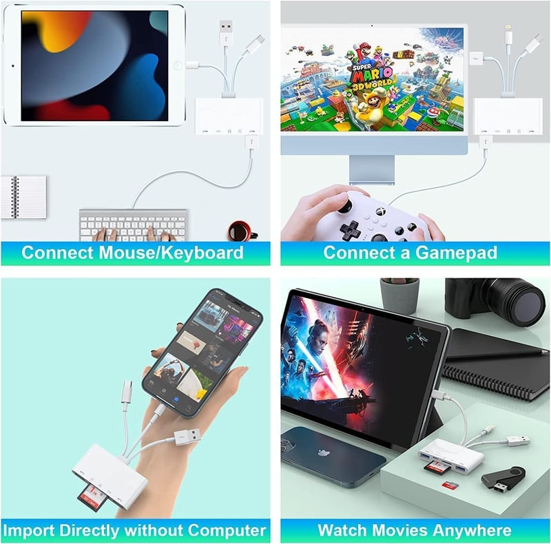 Rocketek 5-in-1 SD/TF Kártyaolvasó iPhone/iPad/Android/Mac/PC Eszközökhöz - USB-C/USB-A OTG Adapter, Egyidejű Töltés, MMC/SDHC/SDXC Támogatá