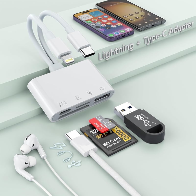 Rocketek 6-in-1 SD Kártyaolvasó iPhone/iPad Készülékekhez - Lightning/USB-C Adapter, PD60W Töltés, Fejhallgató Csatlakozó, USB 3.0