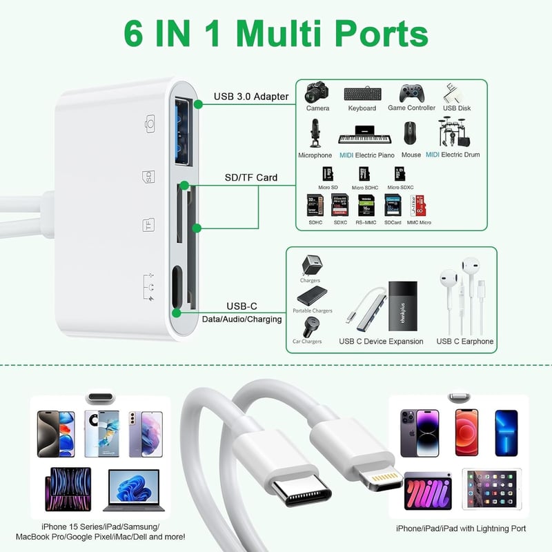 Rocketek 6-in-1 SD Kártyaolvasó iPhone/iPad Készülékekhez - Lightning/USB-C Adapter, PD60W Töltés, Fejhallgató Csatlakozó, USB 3.0