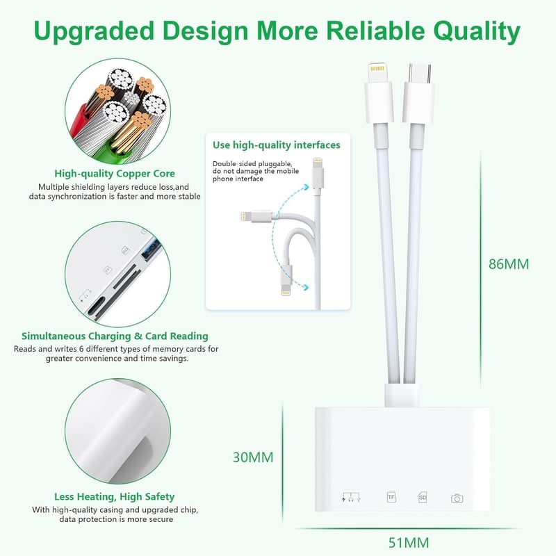 Rocketek 6-in-1 SD Kártyaolvasó iPhone/iPad Készülékekhez - Lightning/USB-C Adapter, PD60W Töltés, Fejhallgató Csatlakozó, USB 3.0