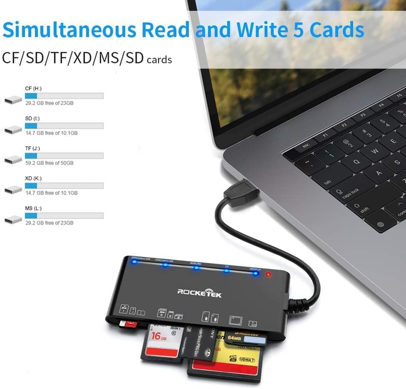 Rocketek 7 az 1-ben USB 3.0 Kártyaolvasó, 5Gbps Sebességű CF/SD/TF/XD/MS/Micro SD Memóriakártya Olvasó Windows/Mac/Linux Rendszerekhez