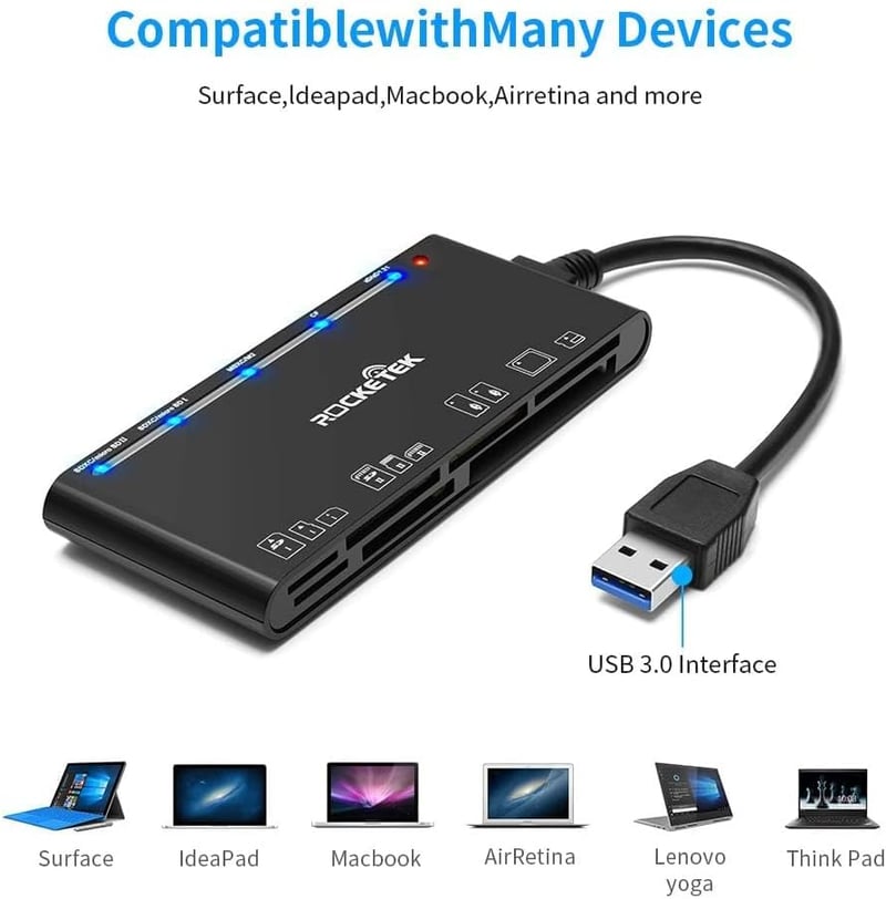 Rocketek 7 az 1-ben USB 3.0 Kártyaolvasó, 5Gbps Sebességű CF/SD/TF/XD/MS/Micro SD Memóriakártya Olvasó Windows/Mac/Linux Rendszerekhez