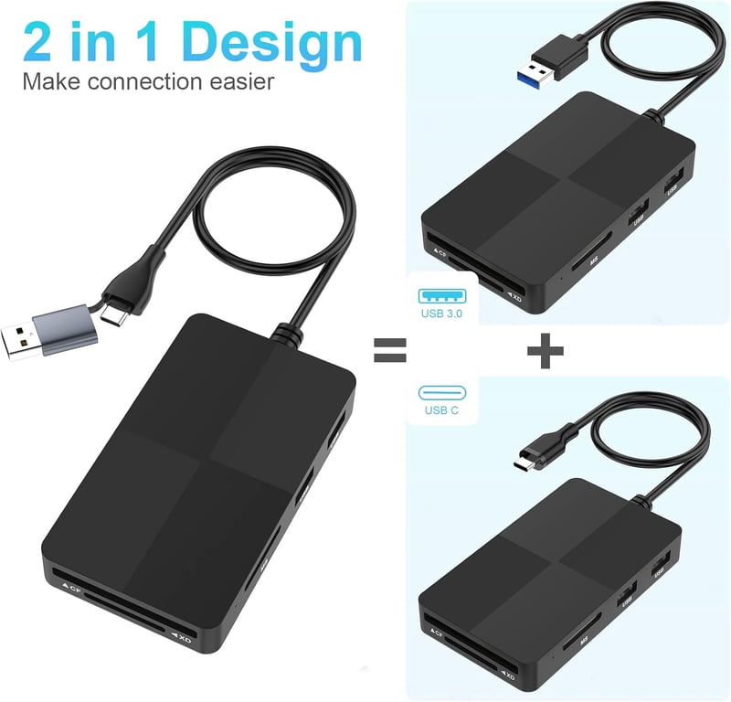 Rocketek 8 az 2-ben USB-C/USB 3.0 Kártyaolvasó - SD/TF/CF/XD/MS Memóriakártya Adapter, 3 USB Porttal, 2TB Kapacitásig, Windows/Mac/Android K