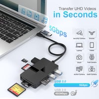 Rocketek 8 az 2-ben USB-C/USB 3.0 Kártyaolvasó - SD/TF/CF/XD/MS Memóriakártya Adapter, 3 USB Porttal, 2TB Kapacitásig, Windows/Mac/Android K 3