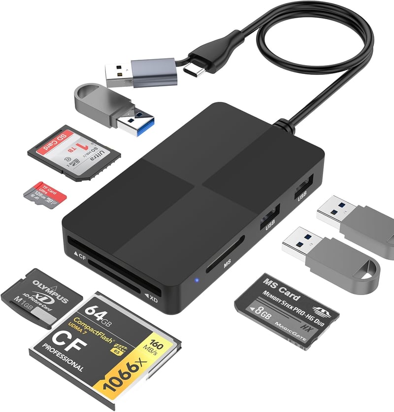 Rocketek 8 az 2-ben USB-C/USB 3.0 Kártyaolvasó - SD/TF/CF/XD/MS Memóriakártya Adapter, 3 USB Porttal, 2TB Kapacitásig, Windows/Mac/Android K