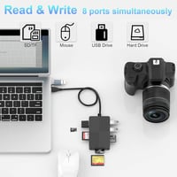 Rocketek 8 az 2-ben USB-C/USB 3.0 Kártyaolvasó - SD/TF/CF/XD/MS Memóriakártya Adapter, 3 USB Porttal, 2TB Kapacitásig, Windows/Mac/Android K 9
